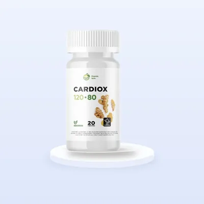 Cardiox 120/80 cápsulas para la presión arterial, frasco blanco con letras negras y verdes