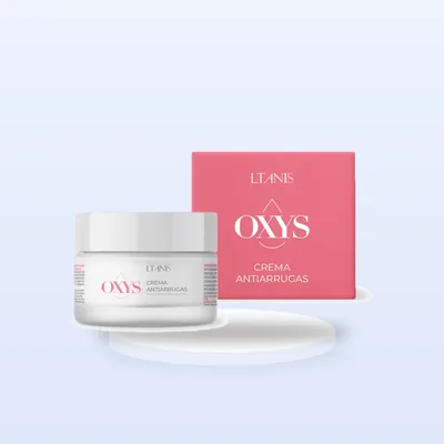 Oxys crema antiarrugas LTANIS para el rostro y el cuello, tarro blanco con tapa blanca y caja rosada