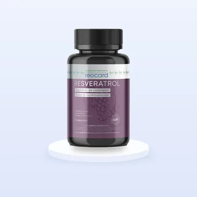 Reocard cápsulas para la presión arterial, frasco negro con etiqueta violeta y racimo de uvas