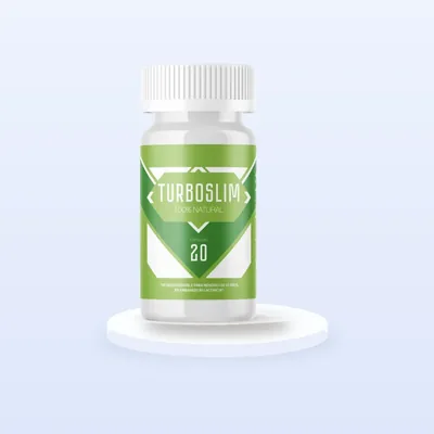 Turboslim cápsulas para bajar de peso, frasco blanco con etiqueta verde y rombo verde