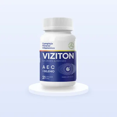 Viziton cápsulas para la vista, frasco blanco con franja azul y dibujo de un ojo
